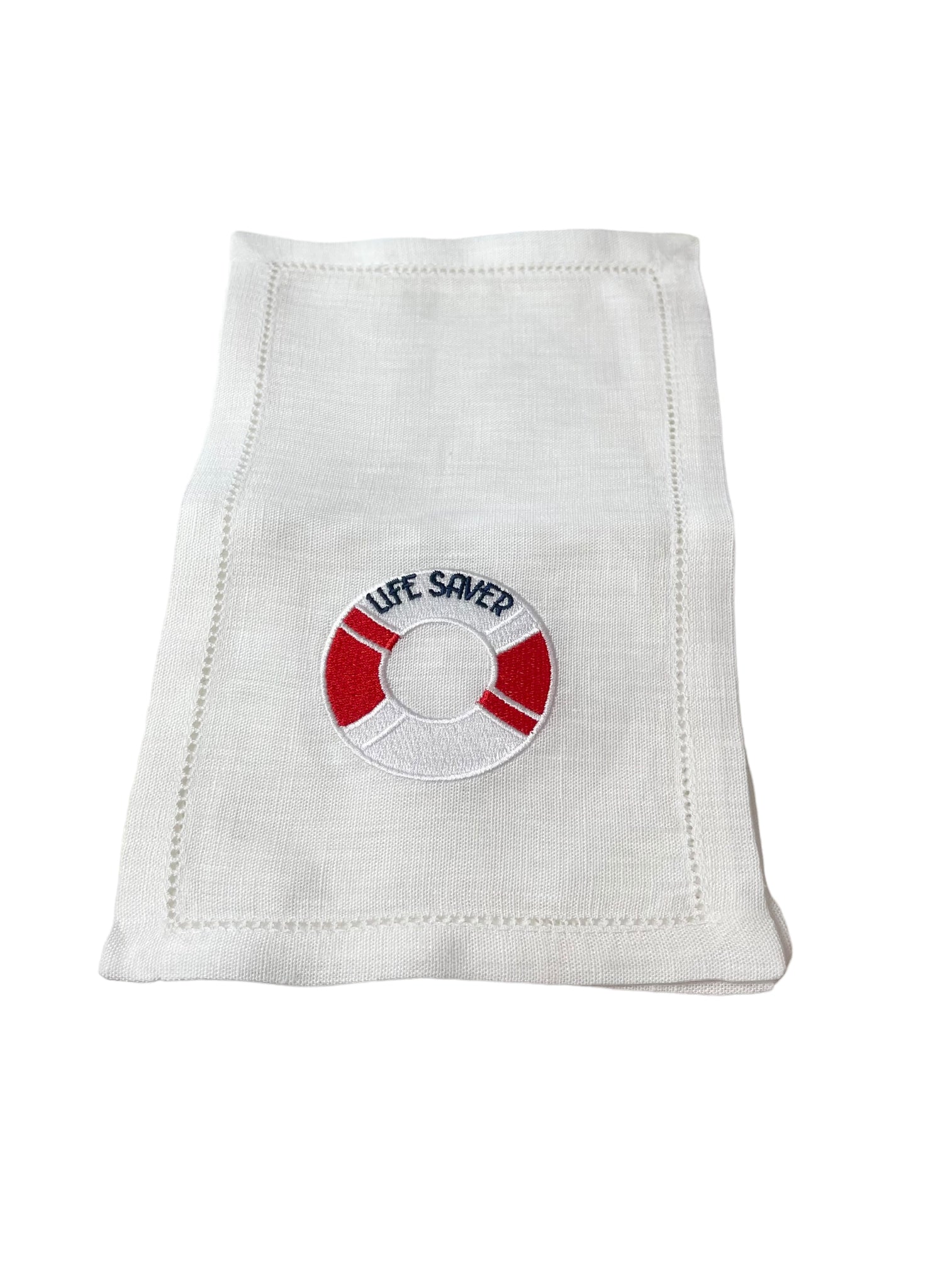 Embroidered Life Saver on White Linen Cocktail Napkins, Set of 4