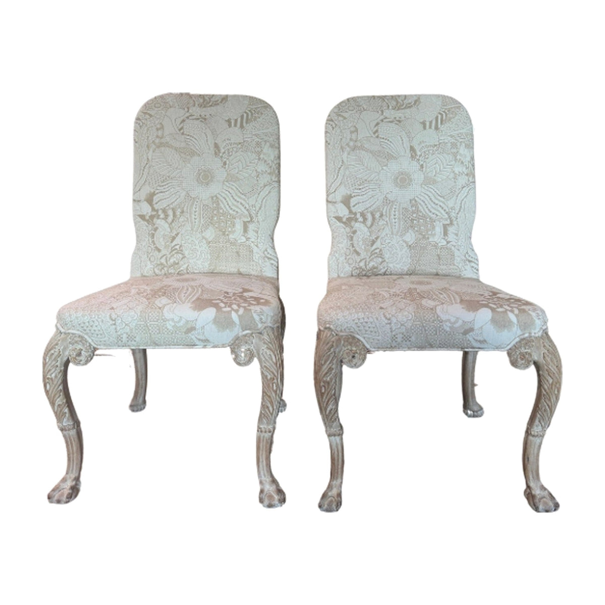 "Carlyle" Covered Vintage Carved Leg Armless Chairs, A Pair on a white background