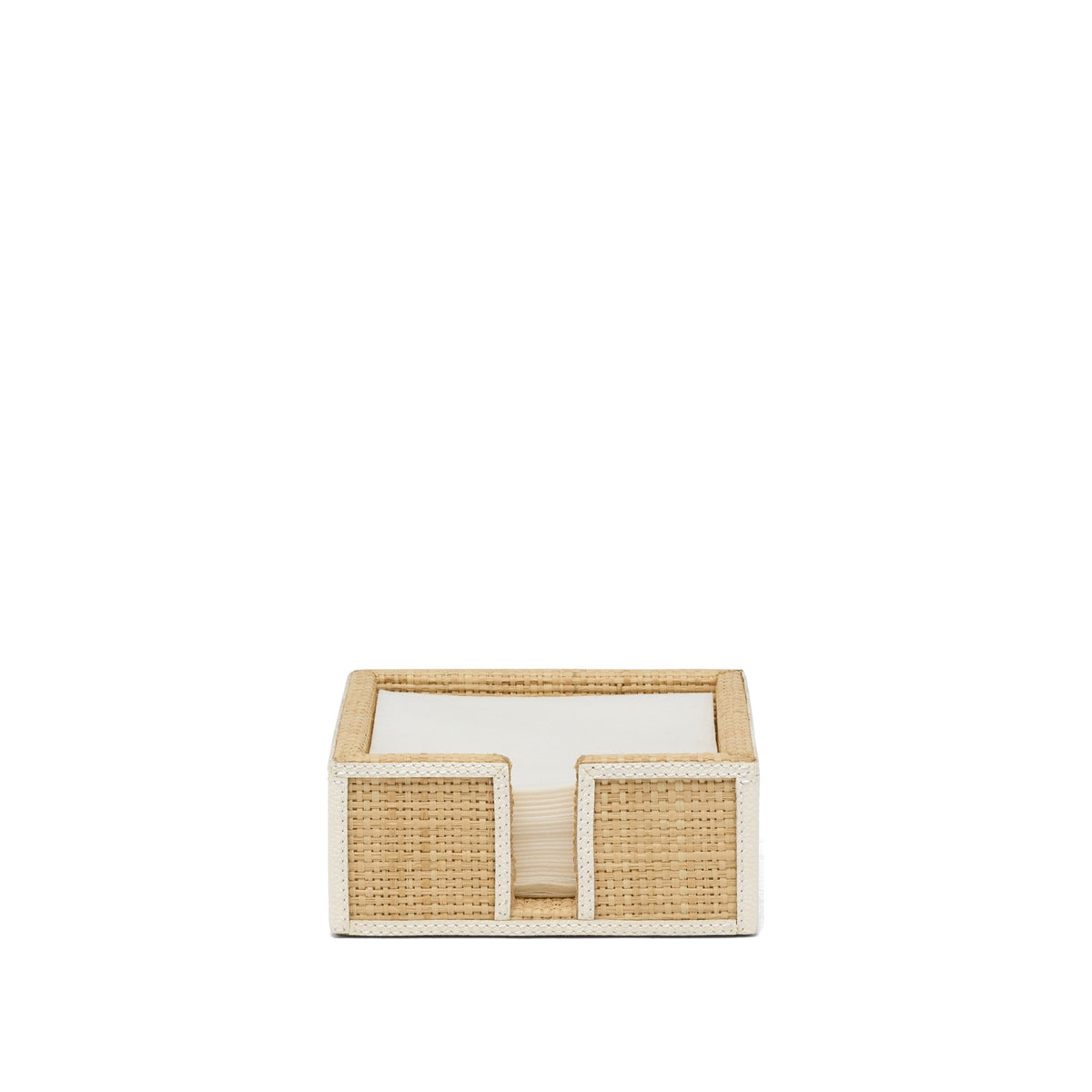 Gable cocktail napkin holder in natural raffia with white trim, napkins in place