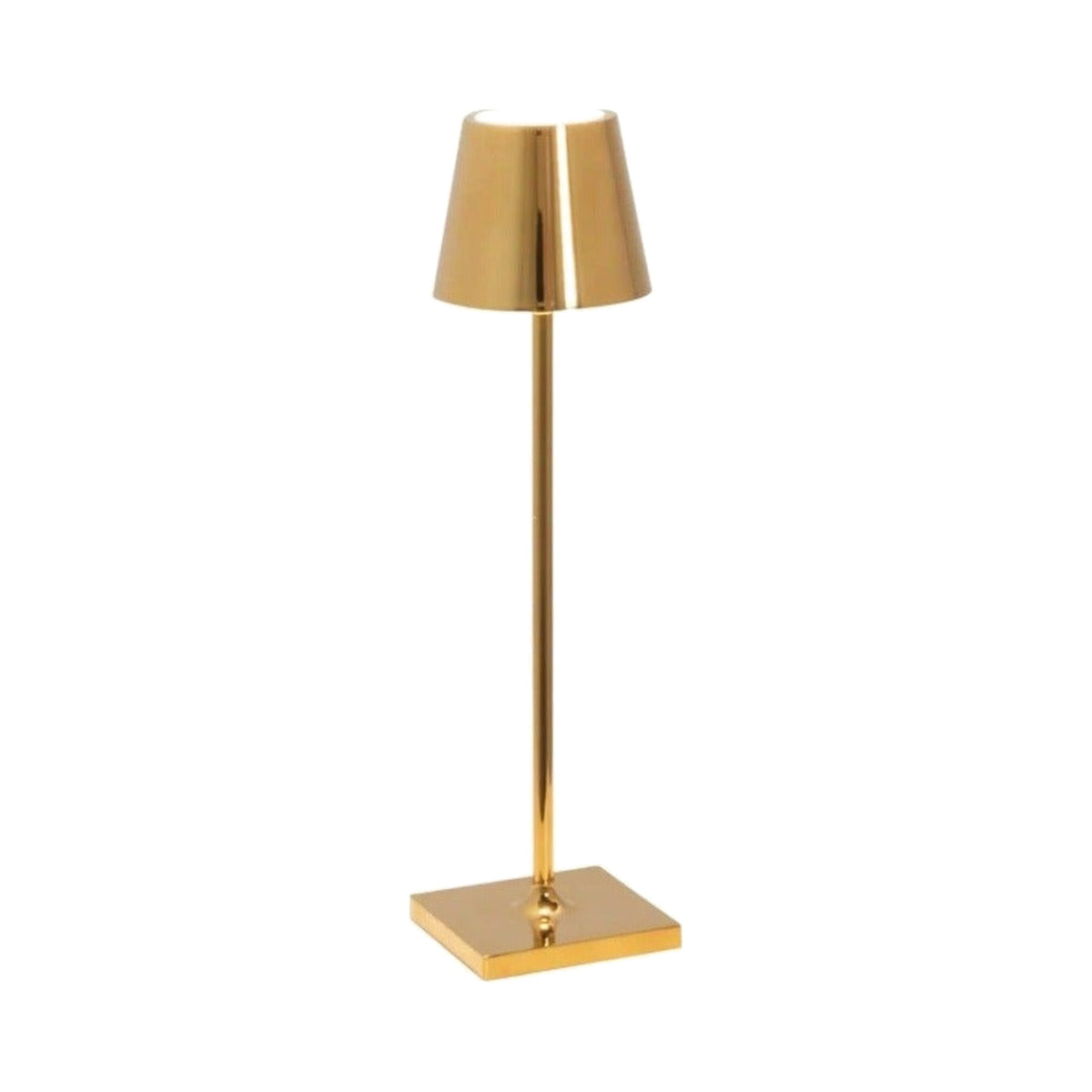 Glossy Gold Poldina Pro Micro Rechargeable Table Lamp, shown on a white background