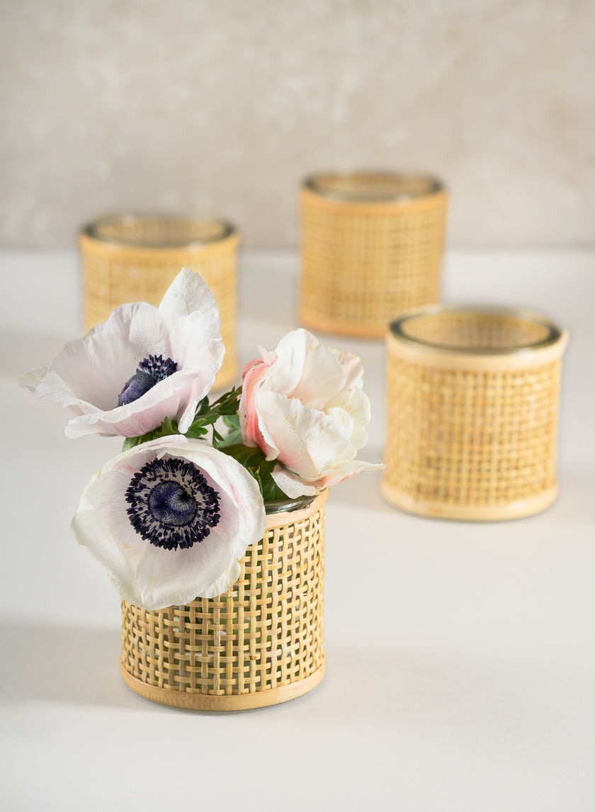 Haiphong Cane Weaved Glass Votives styled with white anemones