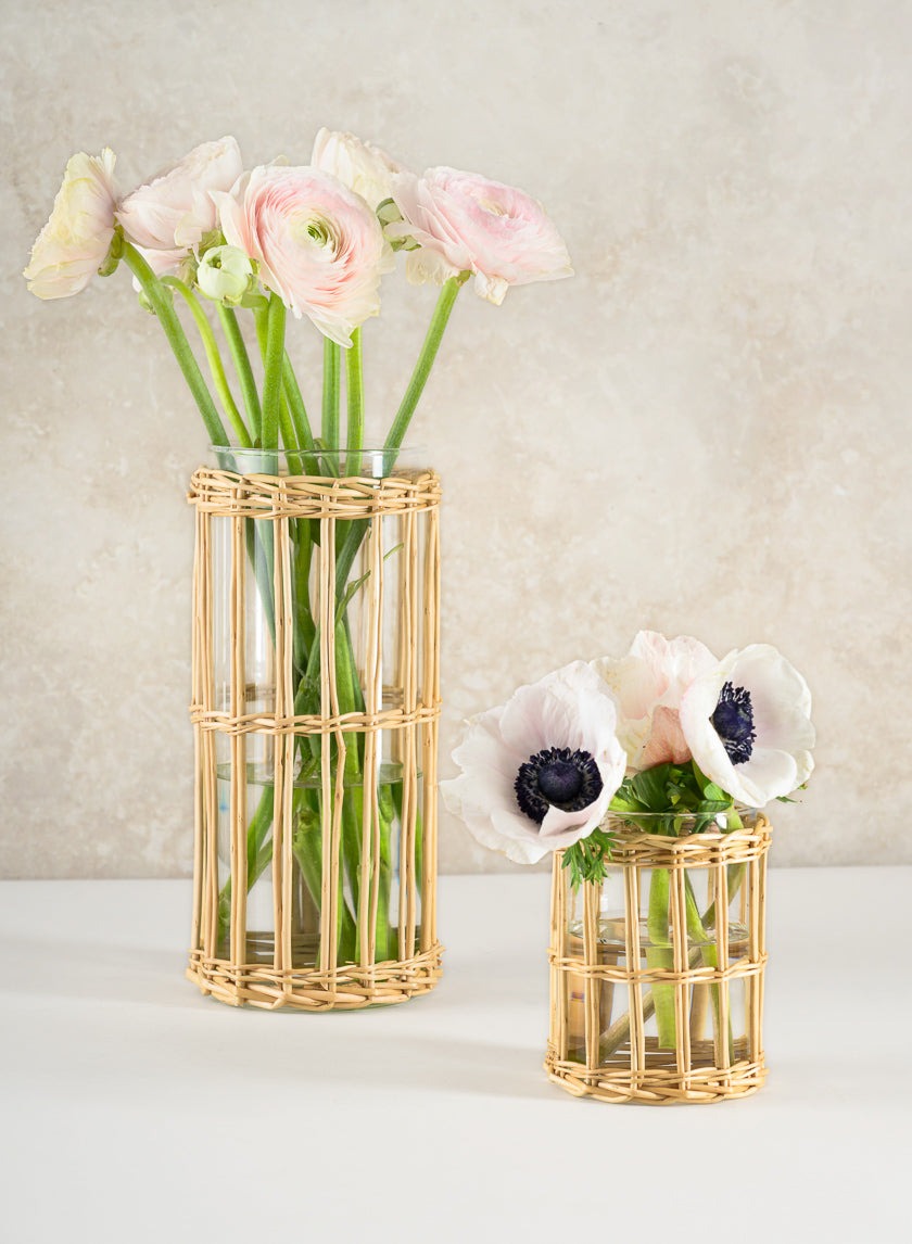 Tall and Short Halong Cane Weaved Glass Cylinders styled with ranunculus and anemones