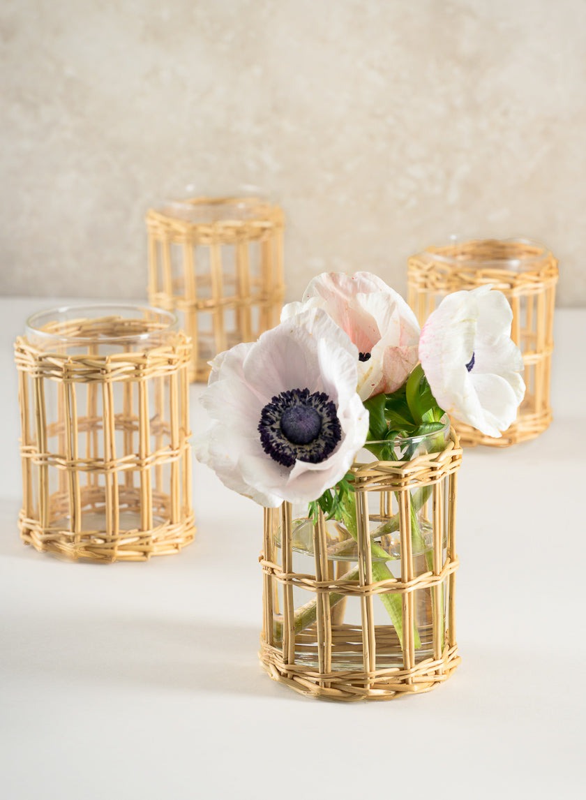 Halong Cane Weaved Glass Cylinders styled with white anemones