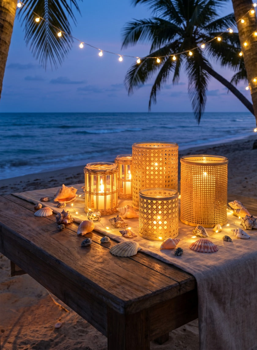 Halong Cane Weaved Glass Cylinders glowing with candles on an evening table