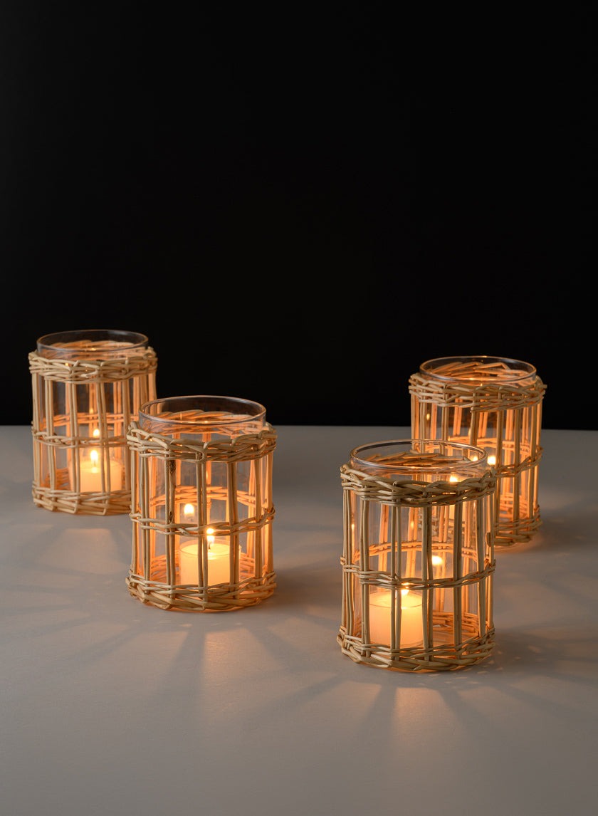 Halong Cane Weaved Glass Cylinders lit with votive candles