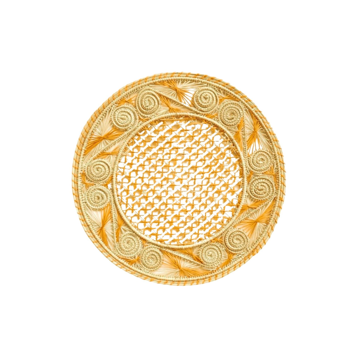 Handwoven Mustard Caracol Iraca and Straw Placemat, shown on a white background