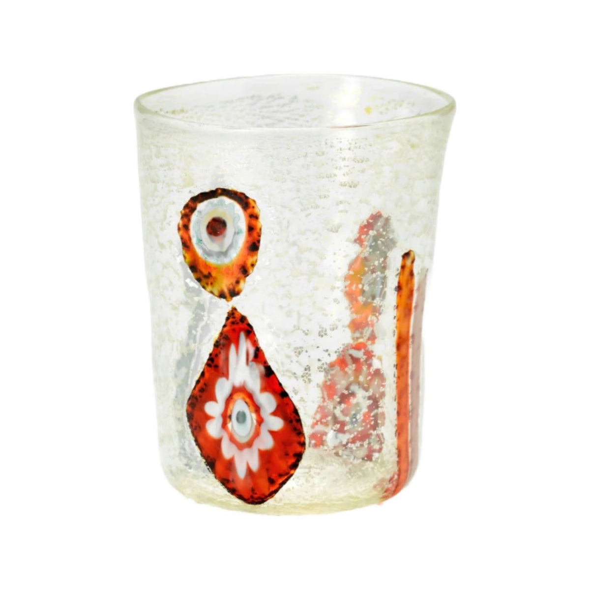 Bicchieri di Murano clear tumbler with red and orange murrine and gold flecks