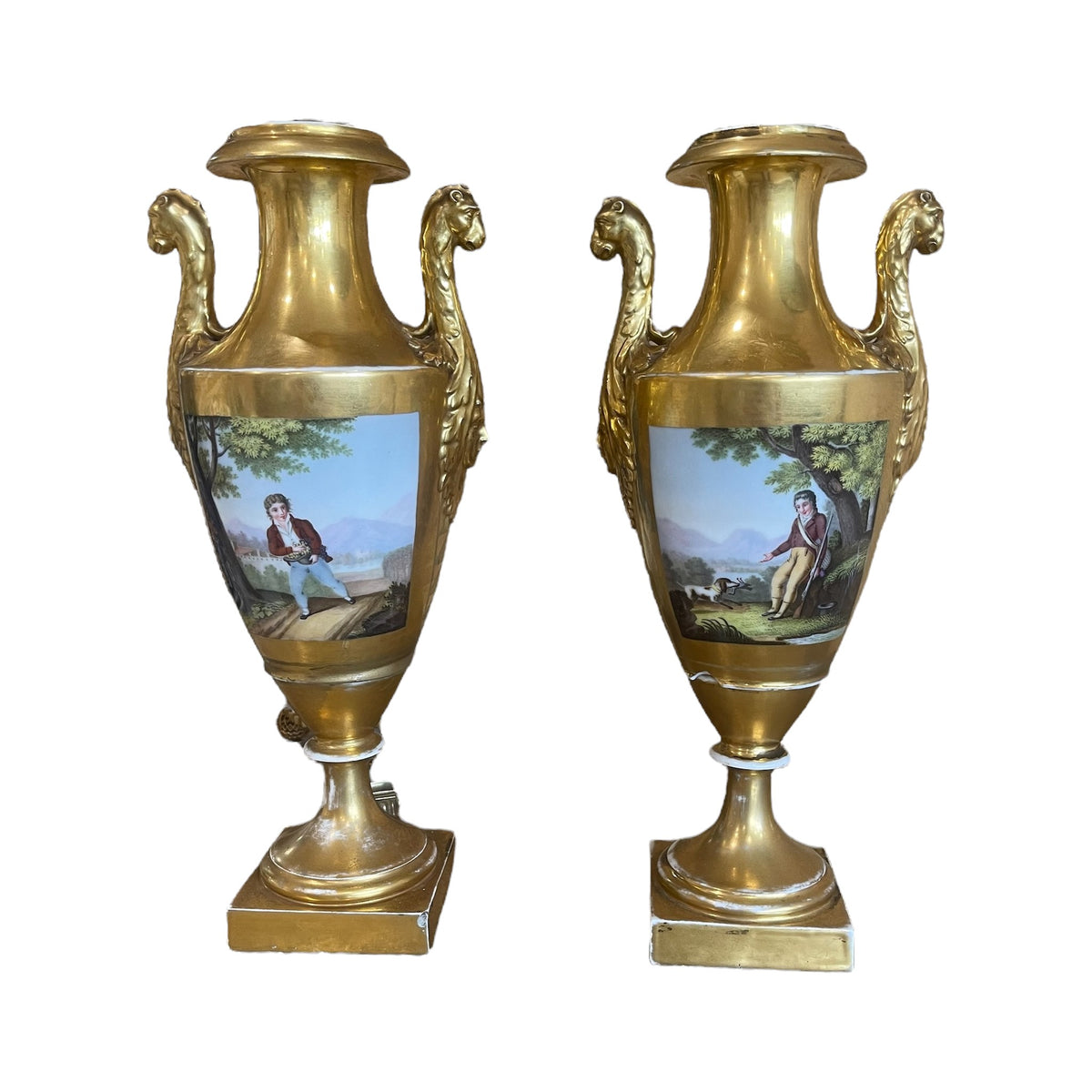 A Pair, Vintage Sevres Porcelain & Gold Urns on a white background