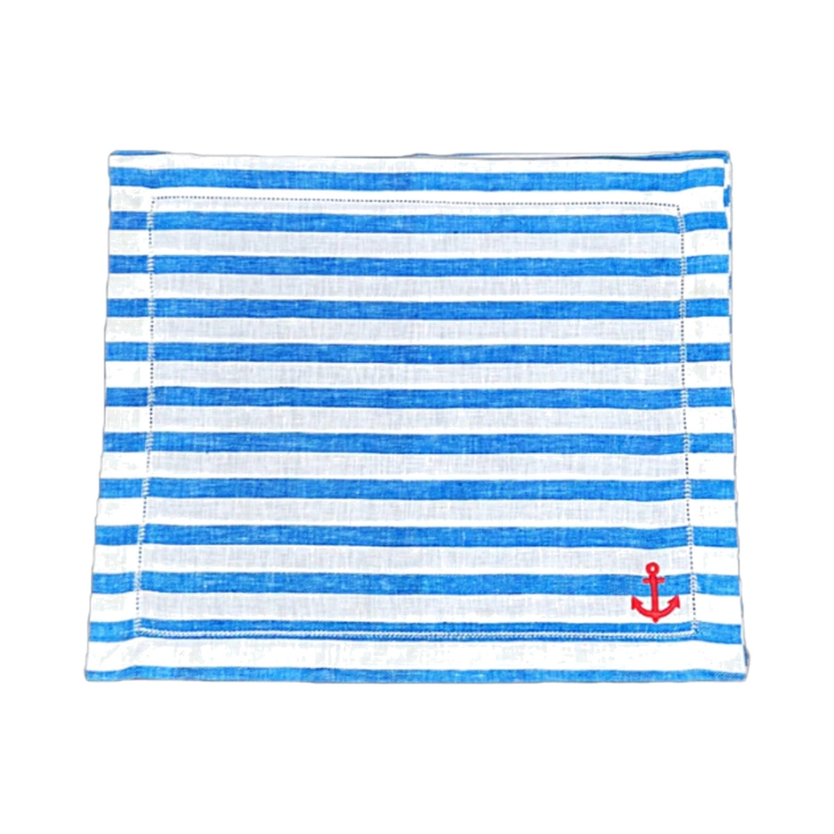 Set of 4 Blue and White Striped Linen Placemats with Coral Embroidered Anchor, shown on a white background