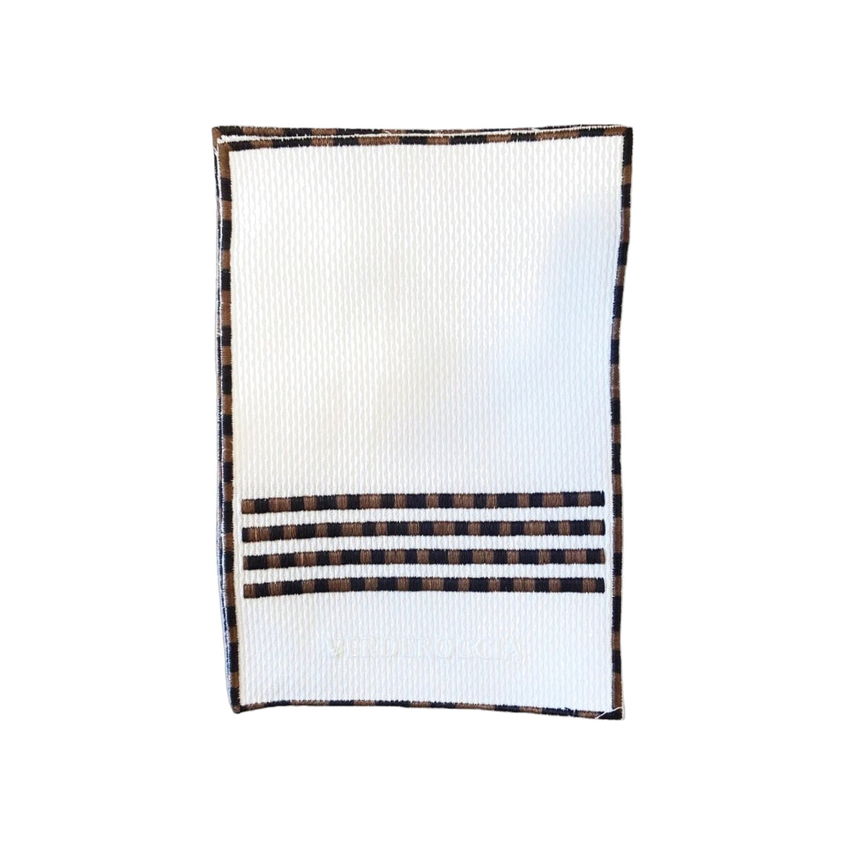 White Pique Cocktail Napkins with Brown/Camel/Begie Ombre Embroidered Trim Danielle Rollins Cocktail Napkins, Set of 4, shown on a white background