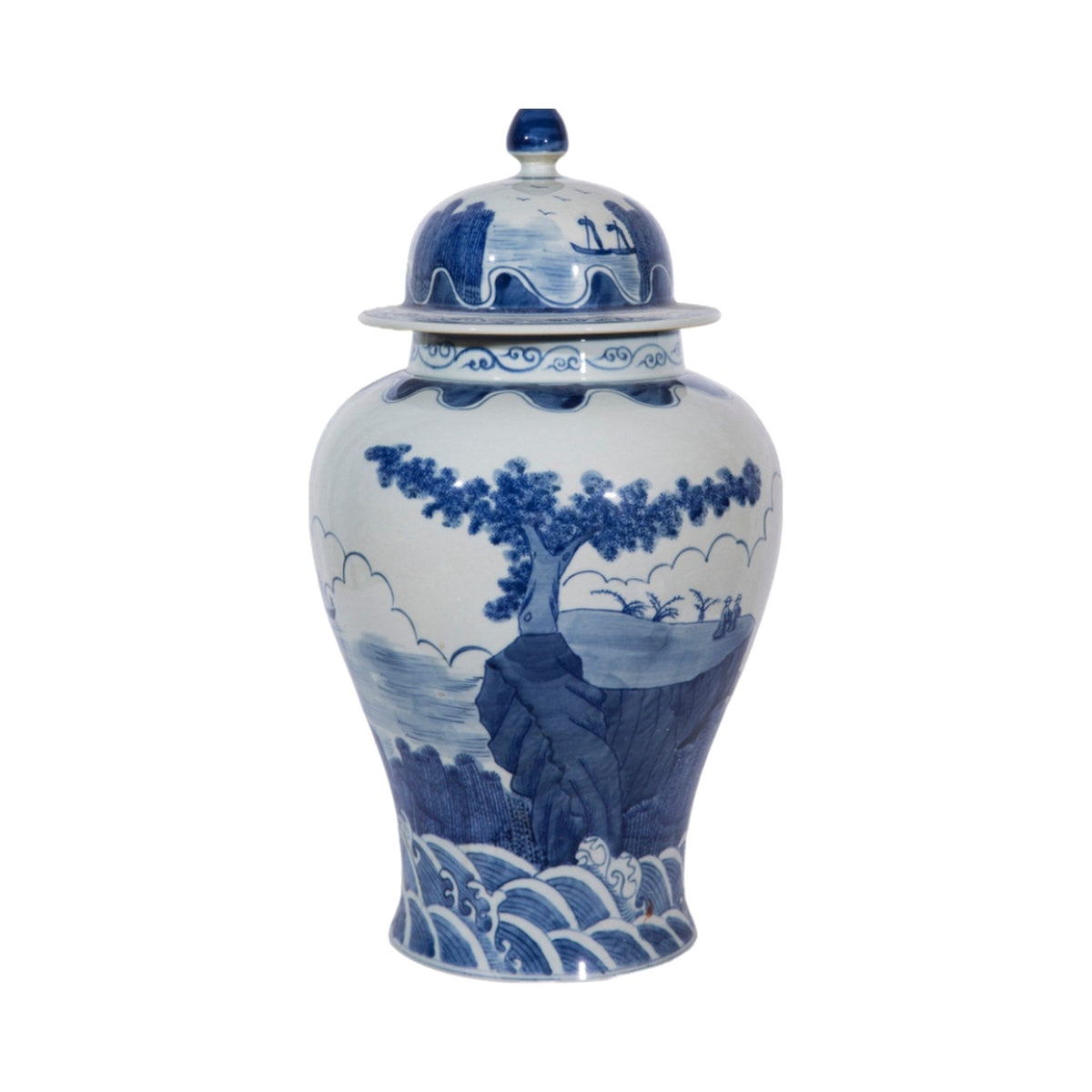 Blue And White Sail Boat Temple Jar on a white background