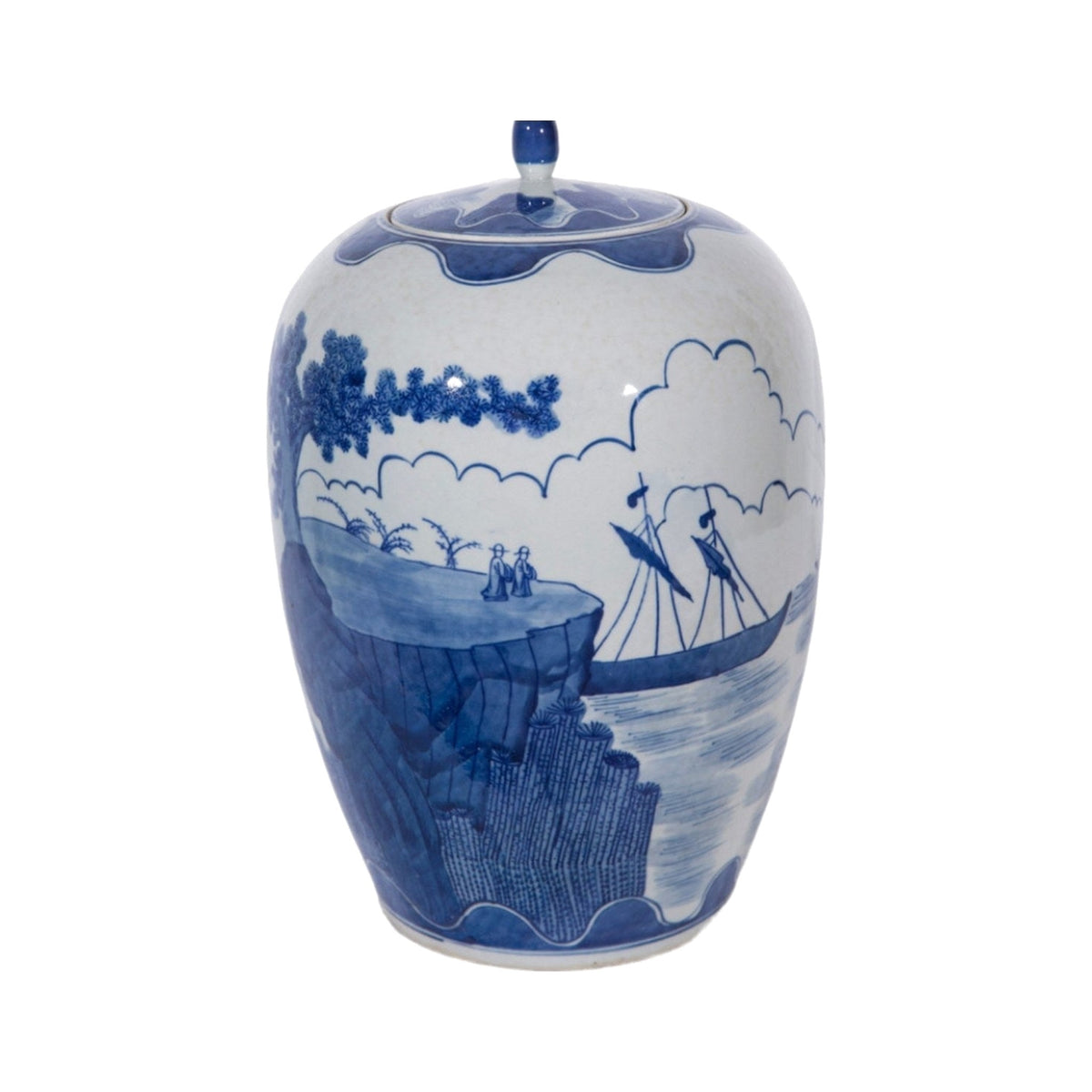 Blue And White Sail Boat Ginger Jar on a white background