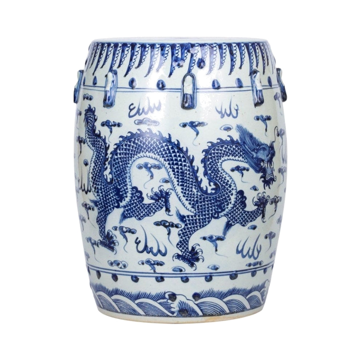 Blue And White Porcelain Garden Stool Dragon Motif on a white background