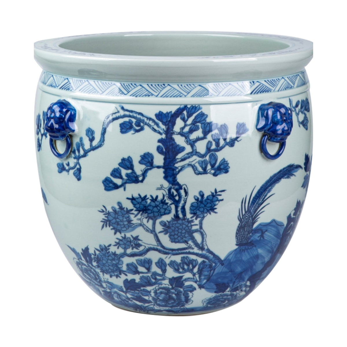 Large Blue And White Porcelain Magnolia Pheasant Planter Lion Handle on a white background