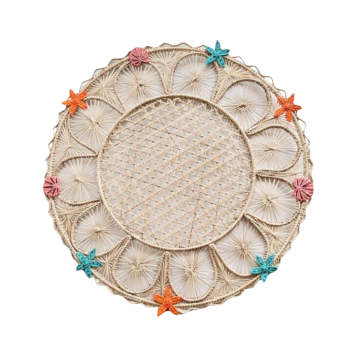 Handwoven Iraca Straw Coral Reef Placemat, shown on a white background