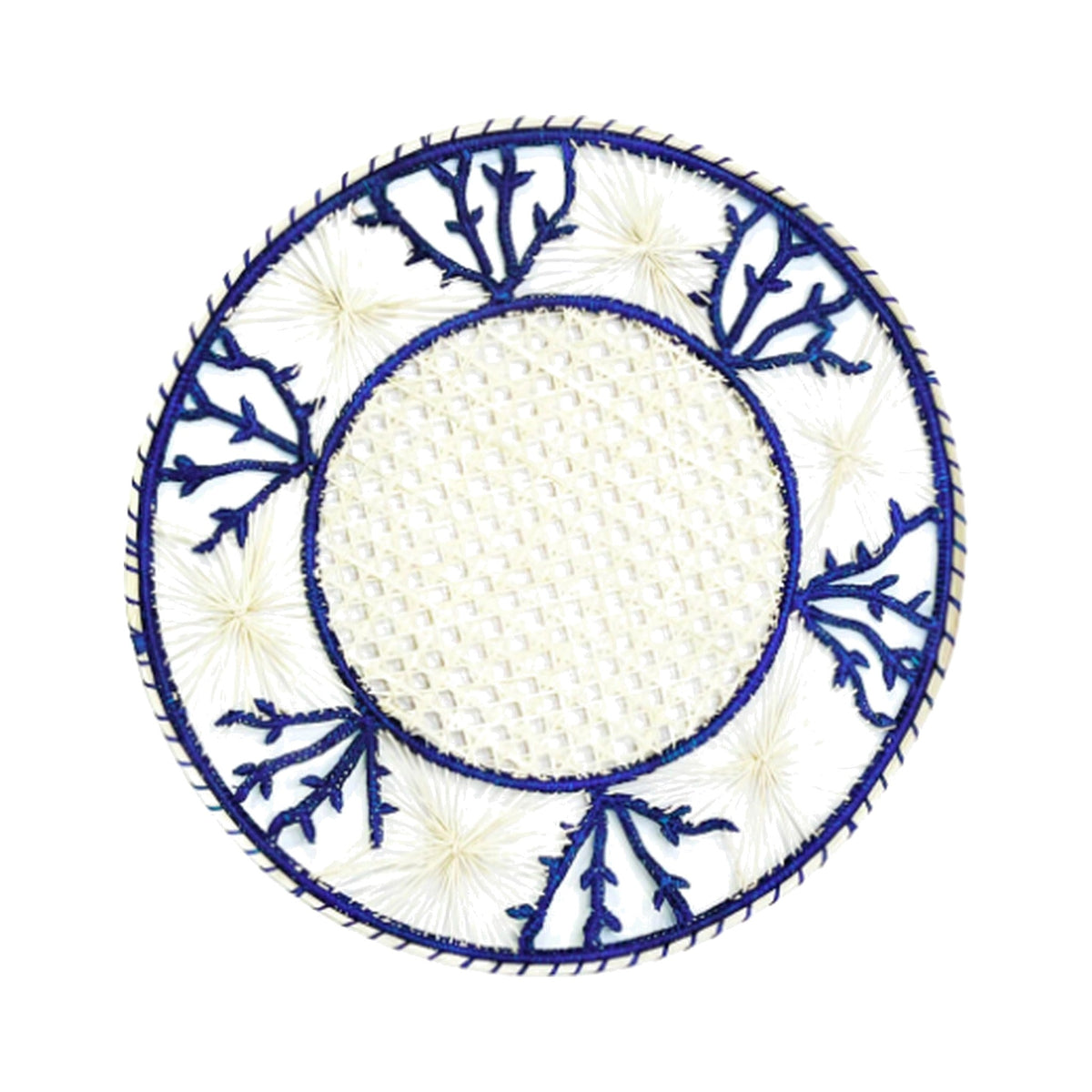 Handwoven Navy Coral Iraca Placemat, shown on a white background