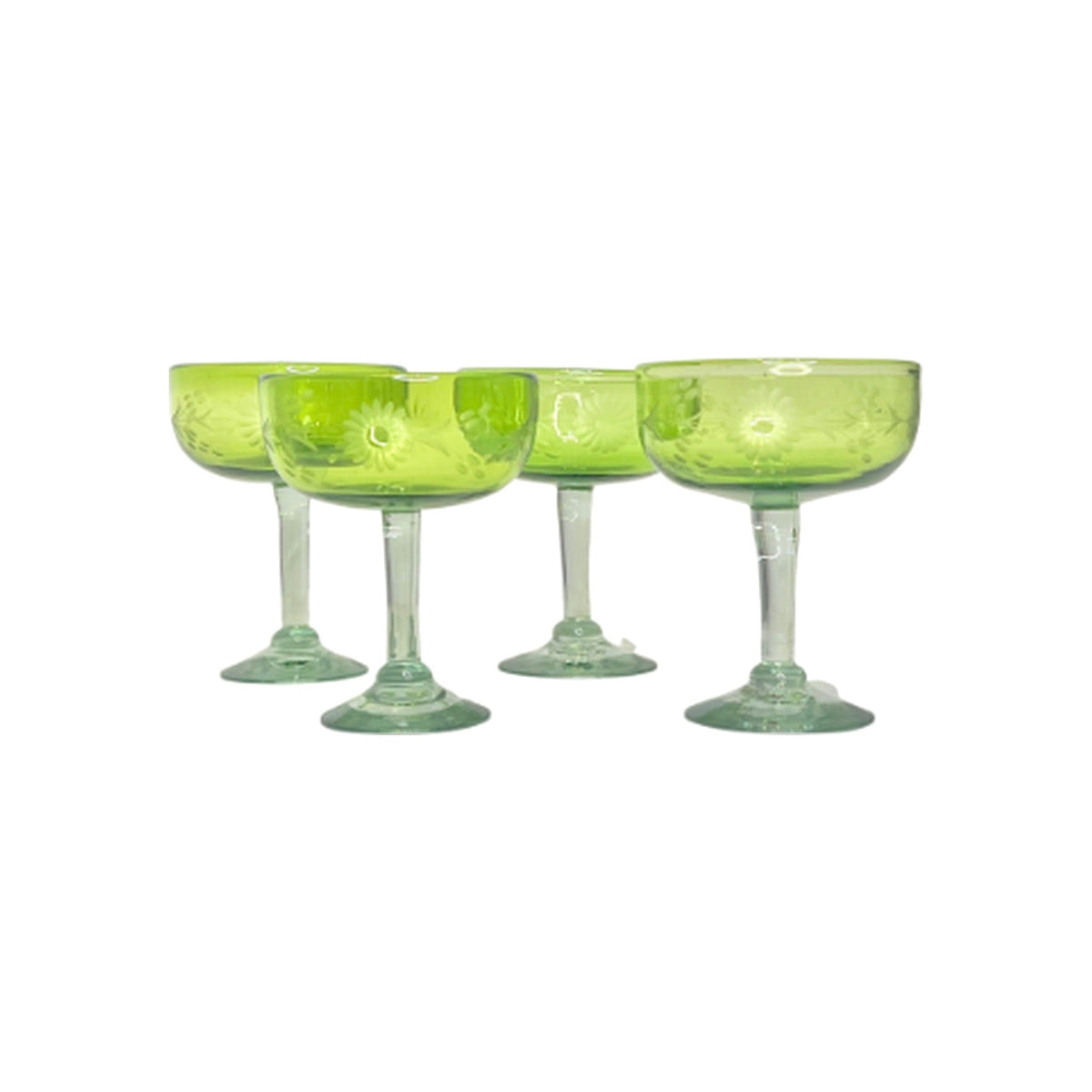 Four hand etched green margarita glasses