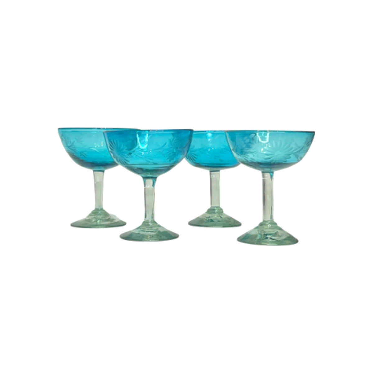Four hand etched aqua margarita glasses