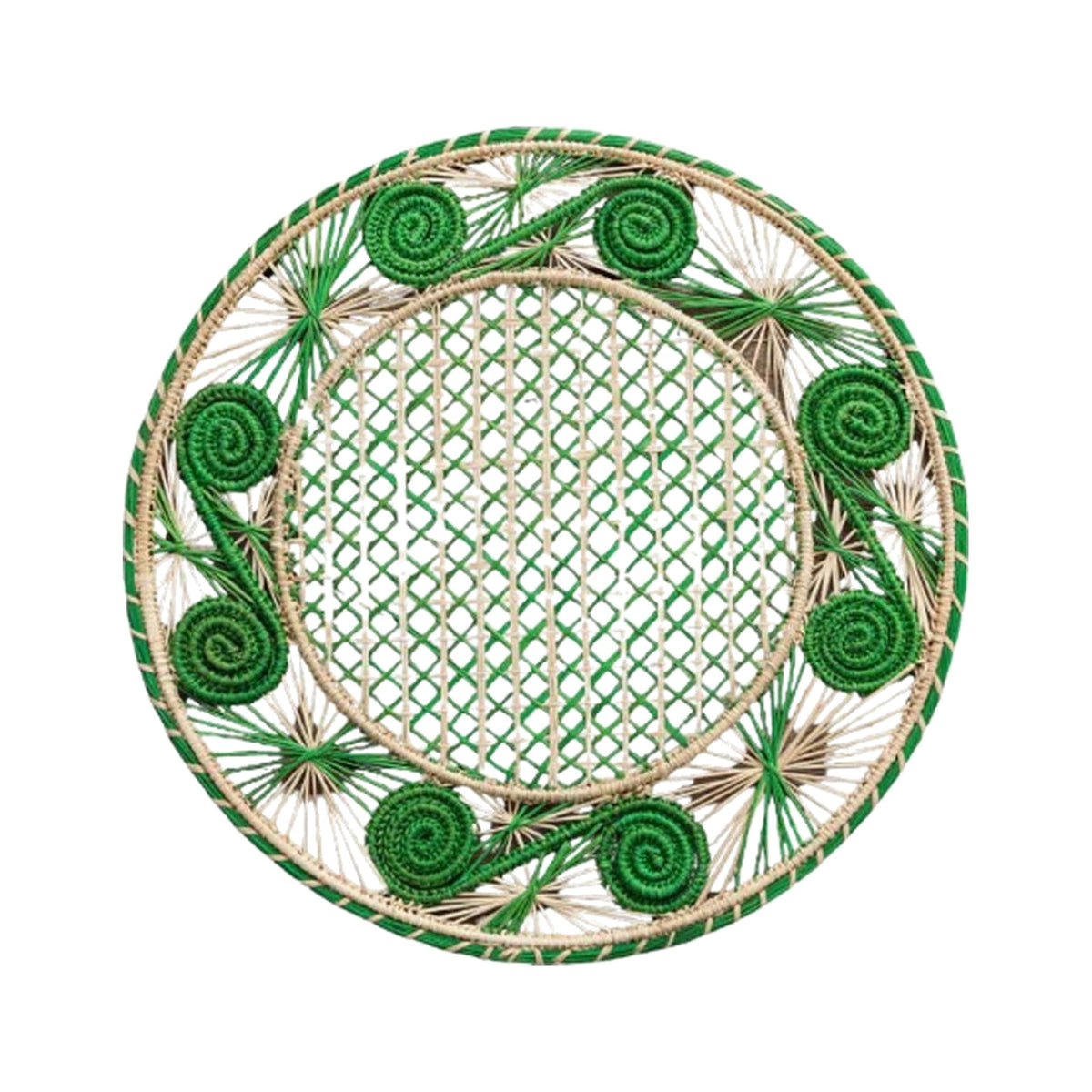 Handwoven Green Caracol Iraca and Straw Placemat, shown on a white background