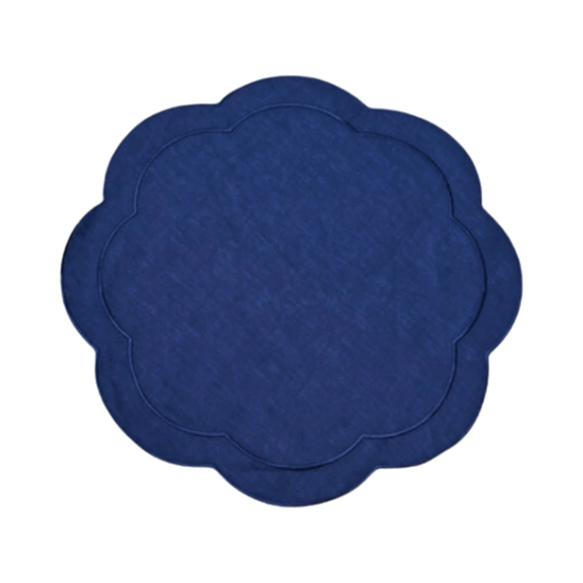 Navy Blue Linen with Blue Embroidery Round Placemats, Set of 4, shown on a white background