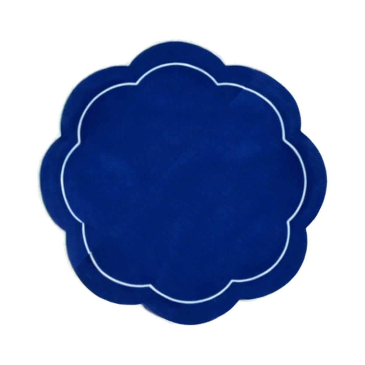Navy Blue Linen with White Embroidery Round Placemats, Set of 4, shown on a white background