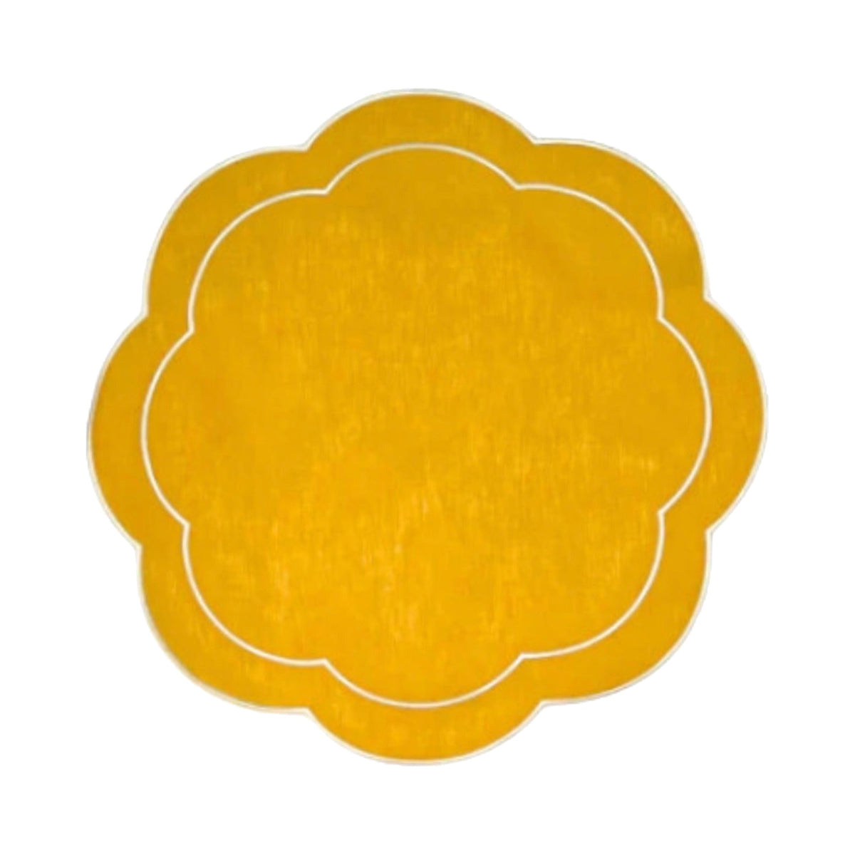 Yellow Linen with White Embroidery Round Placemats, Set of 4, shown on a white background