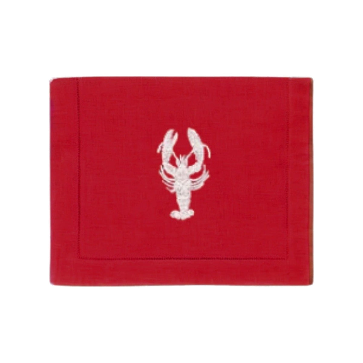 White Lobster on Red Linen Cocktail Napkins, Set of 4, shown on a white background