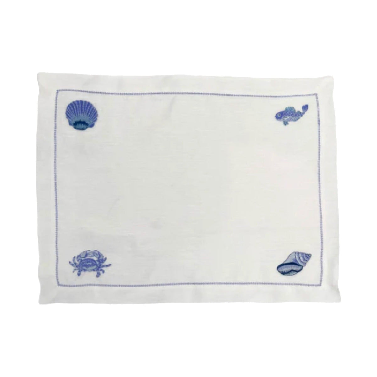 Mixed Sea Life Embroidered on White Linen with Fresh Blue Hem Stitch Placemats, Set of 4, shown on a white background