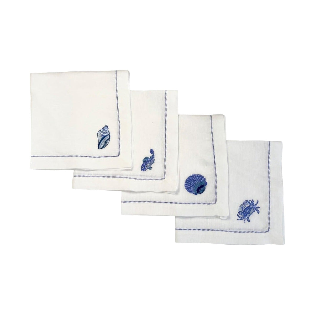 Mixed Sea Life Embroidered on White Linen & Fresh Blue Hem Stitch Dinner Napkins, Set of 4, shown on a white background