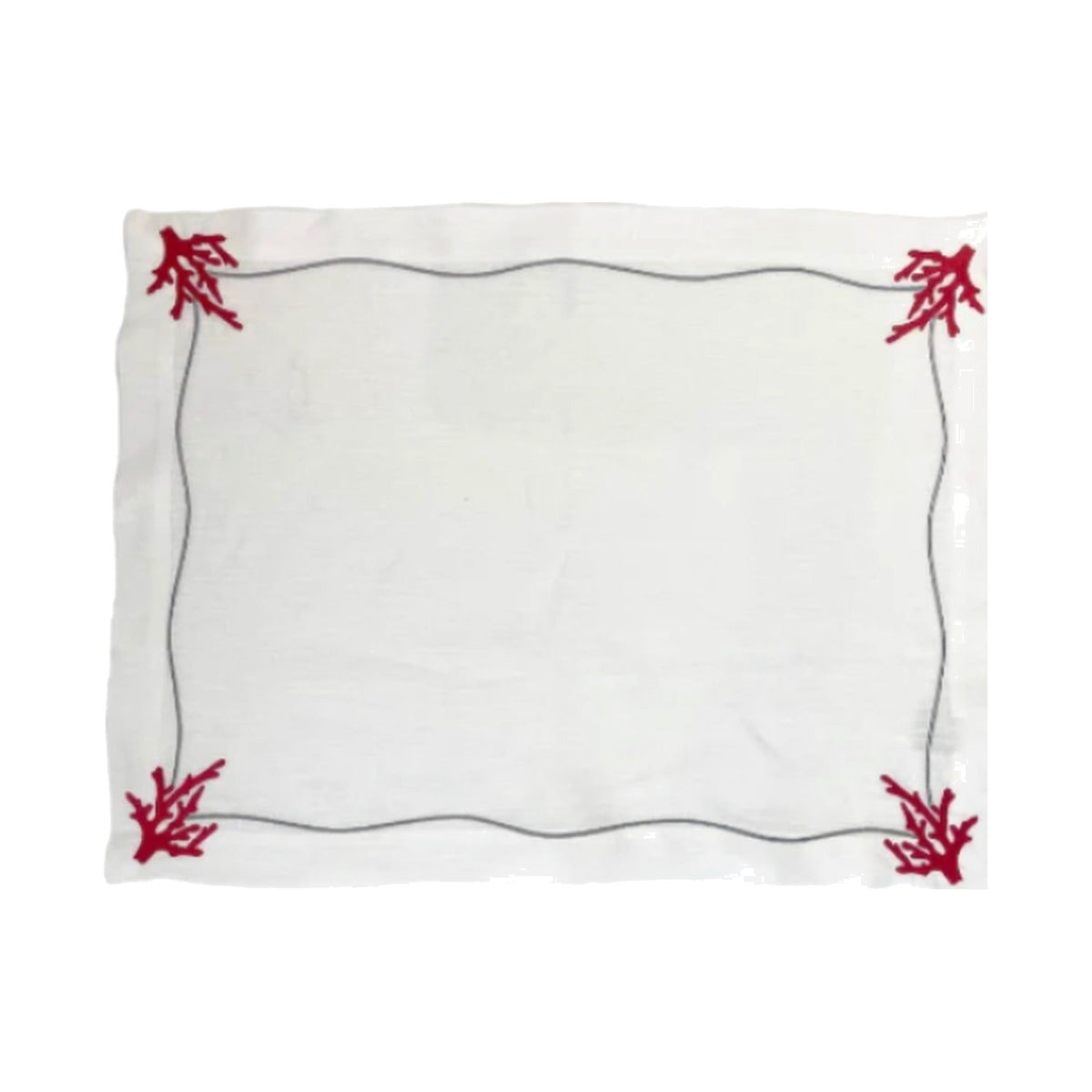 Red Coral Embroidered on White Linen with Silver boarder Placemats, set of 4, shown on a white background