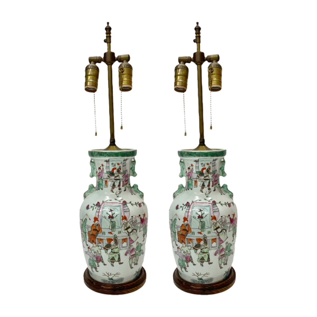 A Pair, Antique Chinoiserie Porcelain Lamps on a white background