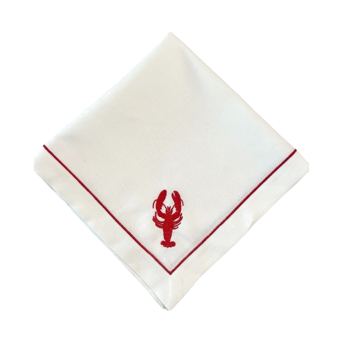 HAND EMBROIDERED RED LOBSTER ON WHITE LINEN DINNER NAPKINS, SET OF 4, shown on a white background