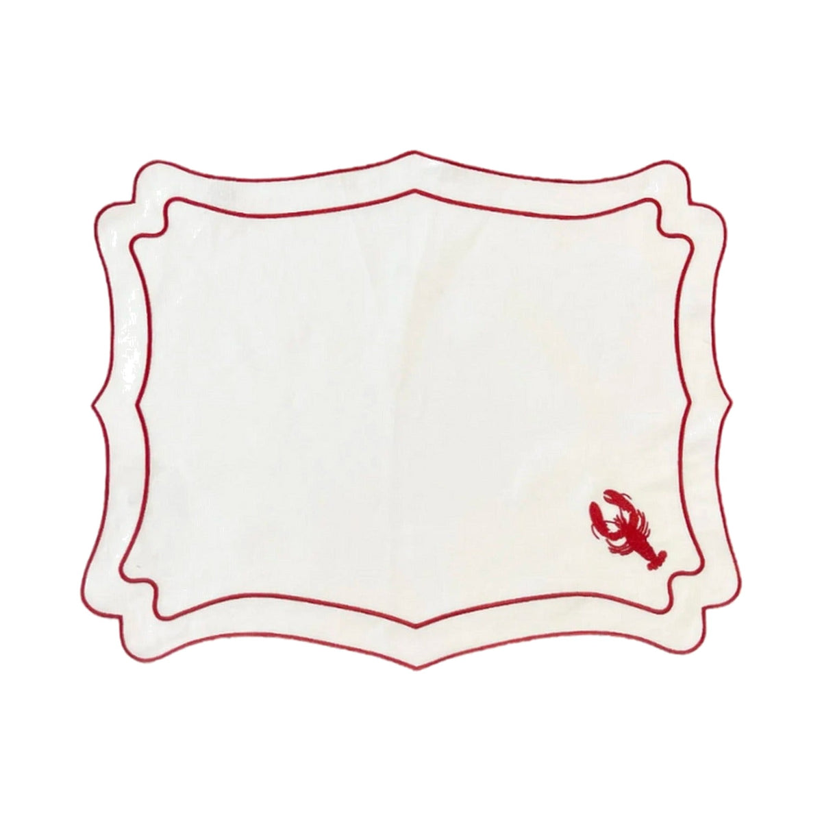 RED LOBSTER HAND EMBROIDERED ON WHITE LINEN PLACEMATS, SET OF 4, shown on a white background
