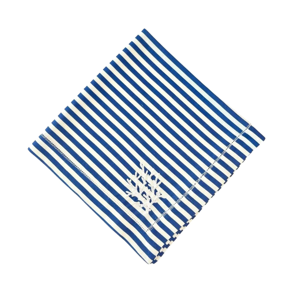 BLUE & WHITE STRIPED LINEN DINNER NAPKIN WITH WHITE CORAL EMBROIDERY DETAIL, SET OF 4, shown on a white background