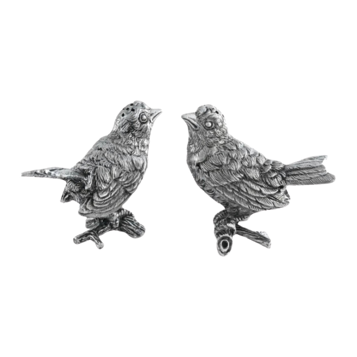 A Pair, Pewter Songbirds Salt & Pepper Shakers on a white background