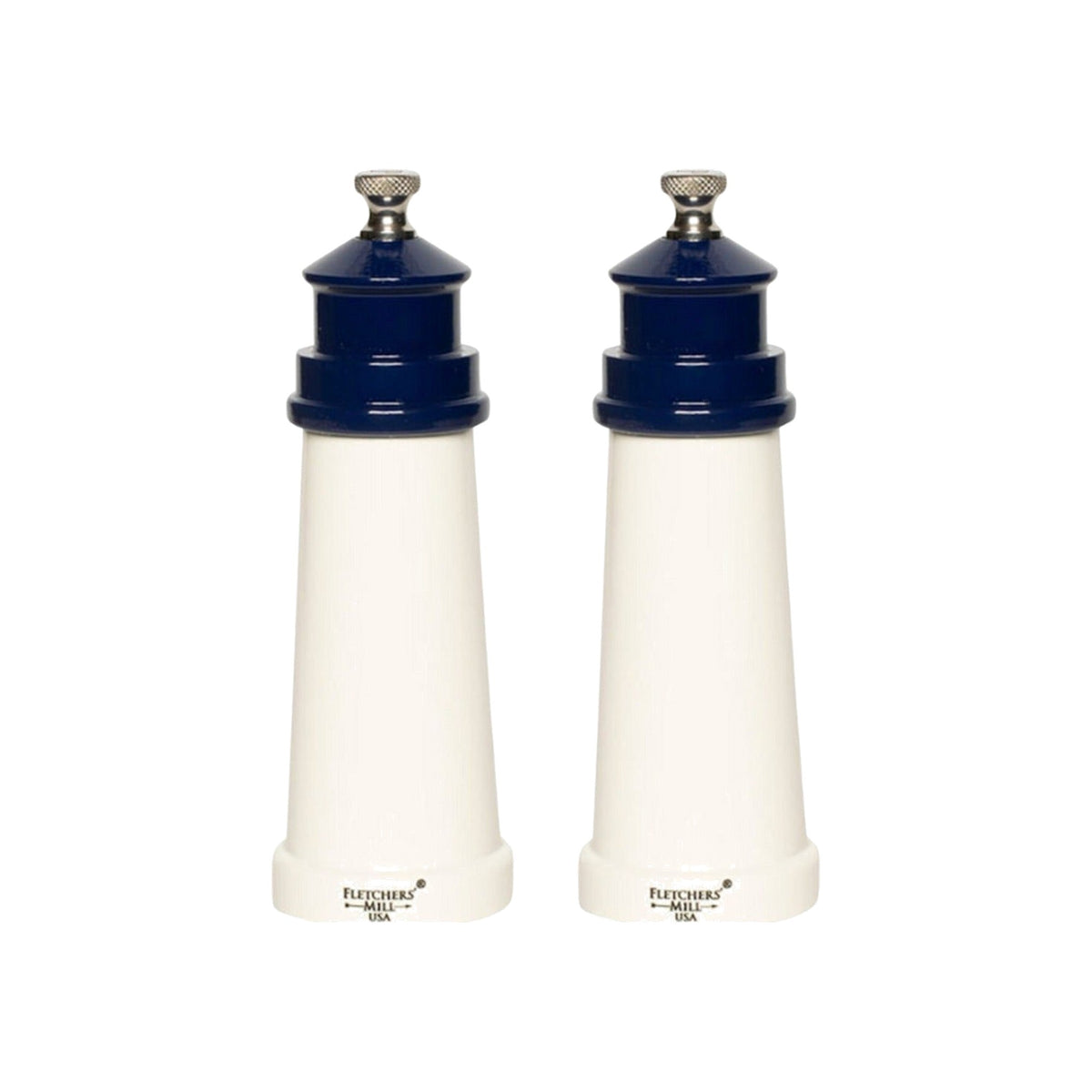 Cobalt Light House Salt & Pepper Mill Set, shown on a white background