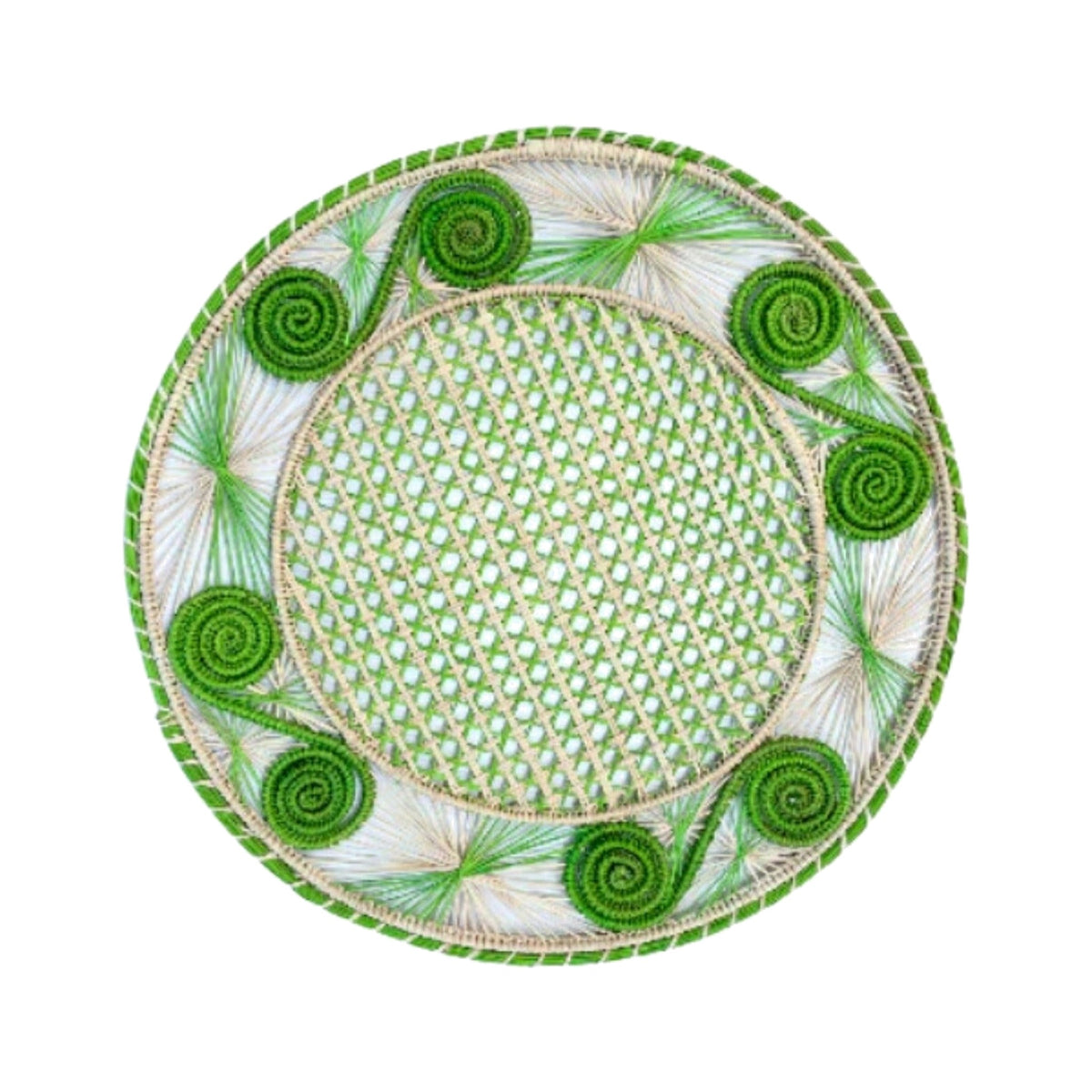 Handwoven Lime Green Caracol Iraca Straw Placemat, shown on a white background