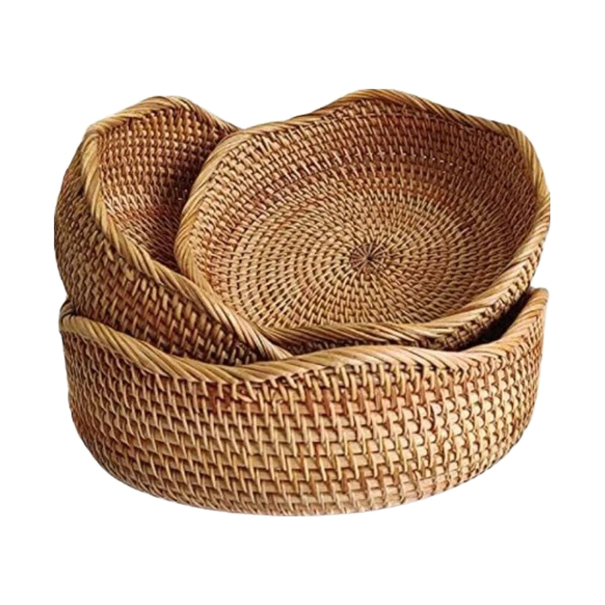 Scalloped Woven Rattan Nesting Baskets Set of 3 on a white background