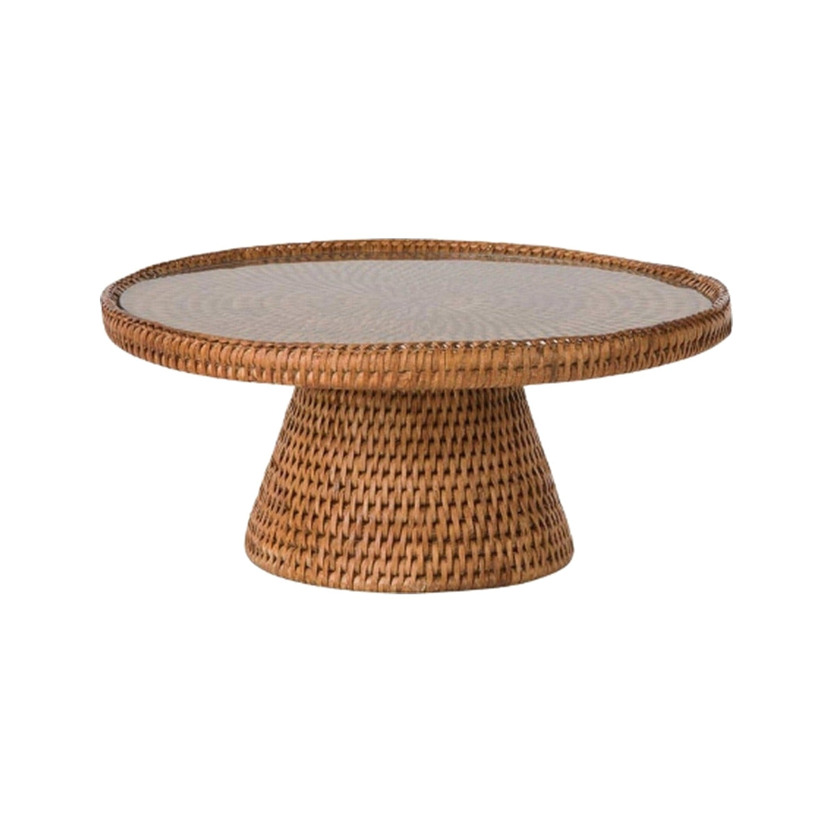 Glass Top Rattan Cake Stand, shown on a white background