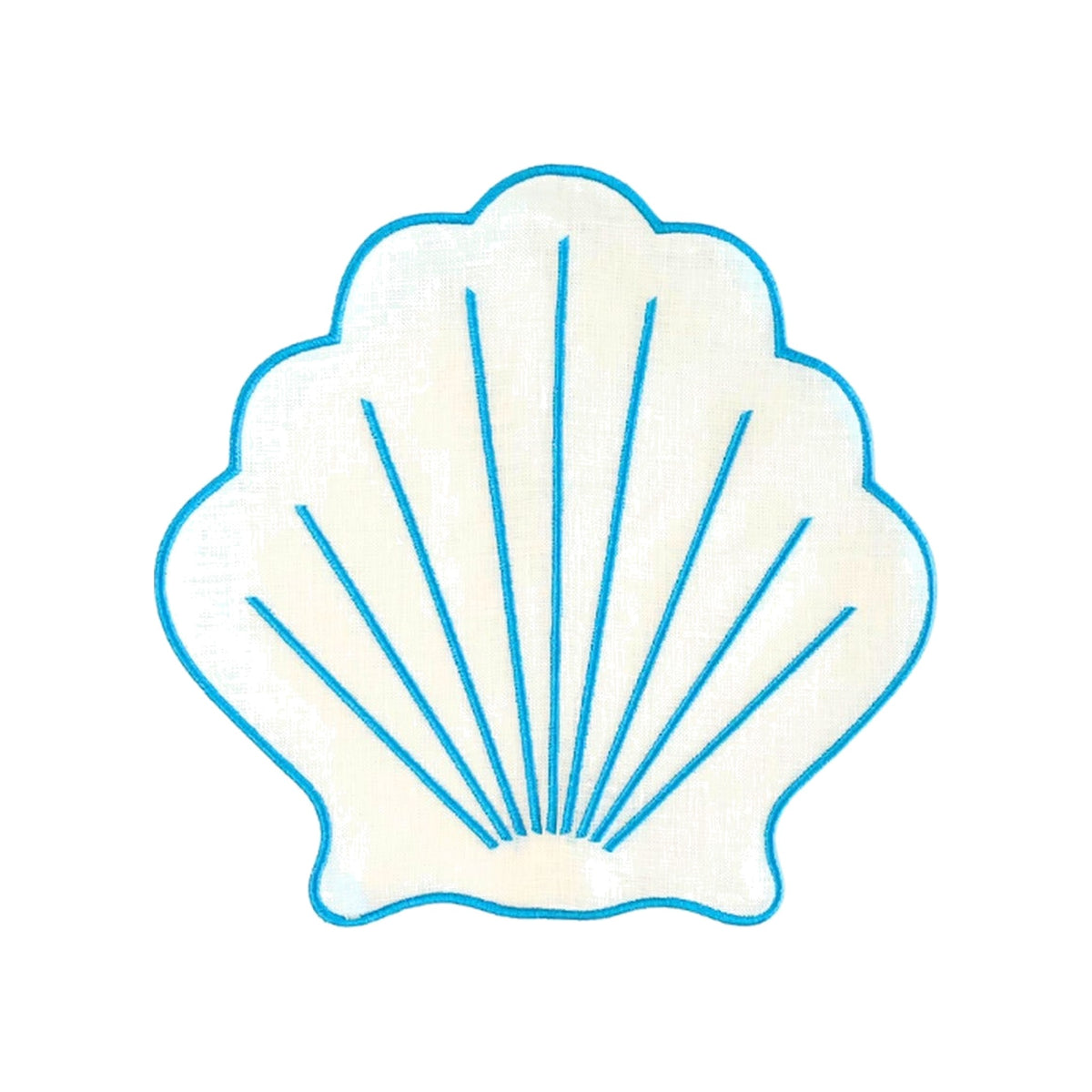 White Linen Shell Cocktail Napkin with Light Blue Detail, Set of 4, shown on a white background