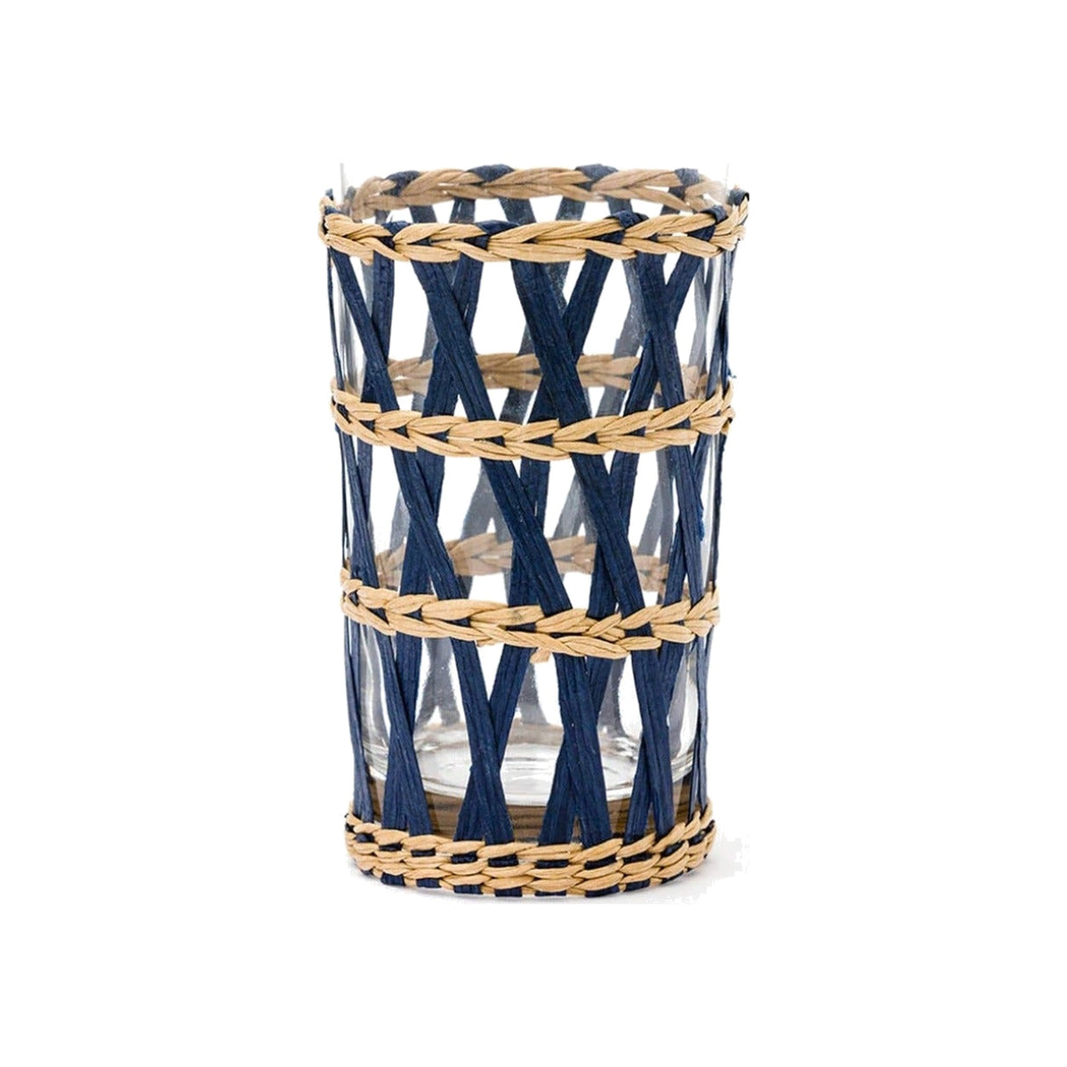 Single Navy Wicker Wrapped Highball Tea Glass, shown alone on a white background