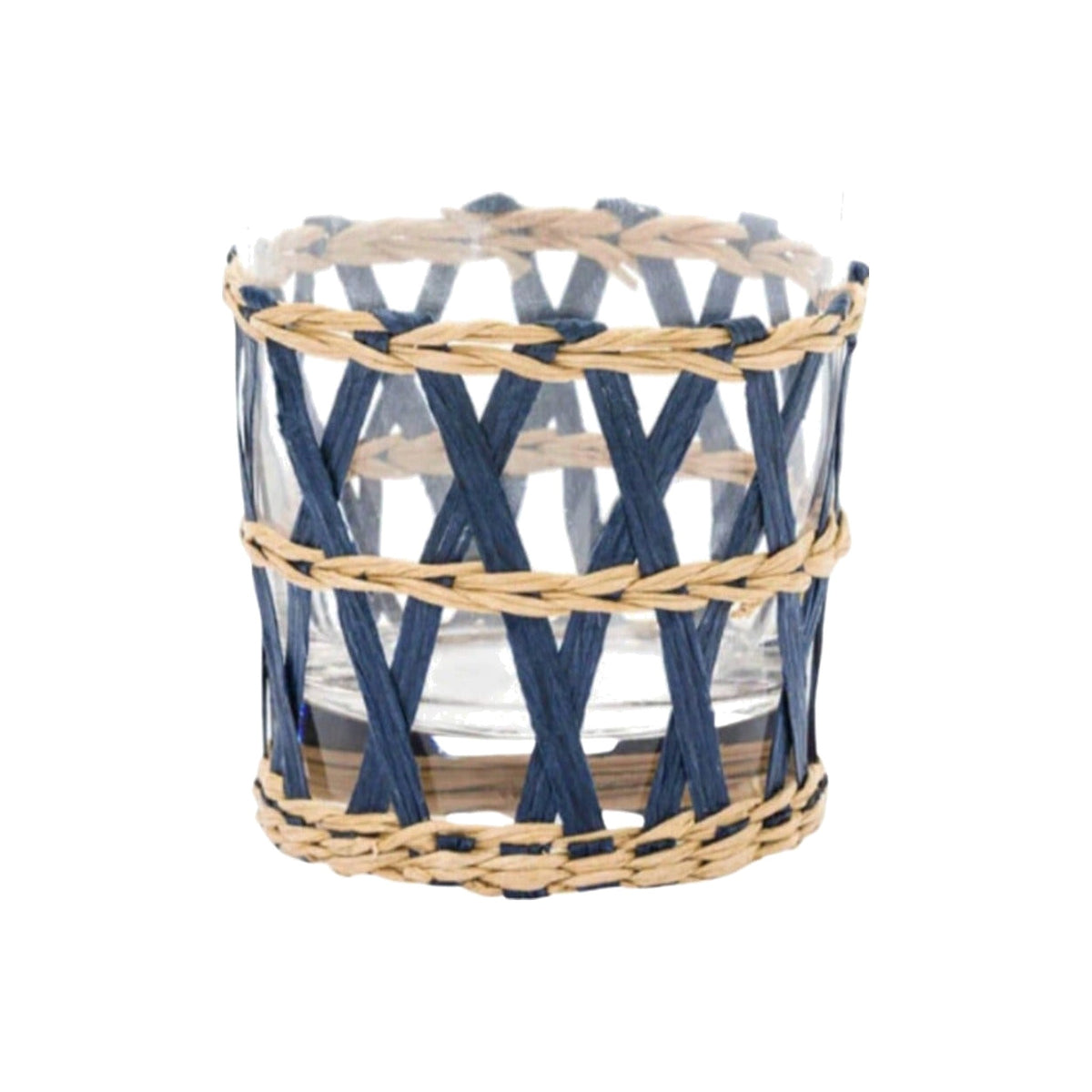 Single Navy Wicker Wrapped Tumblr Glass, shown alone on a white background