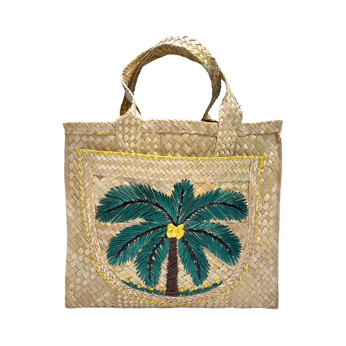 Palm Tree Straw Shopper with Pocket Lined Bahama Handprint Fabric on a white background