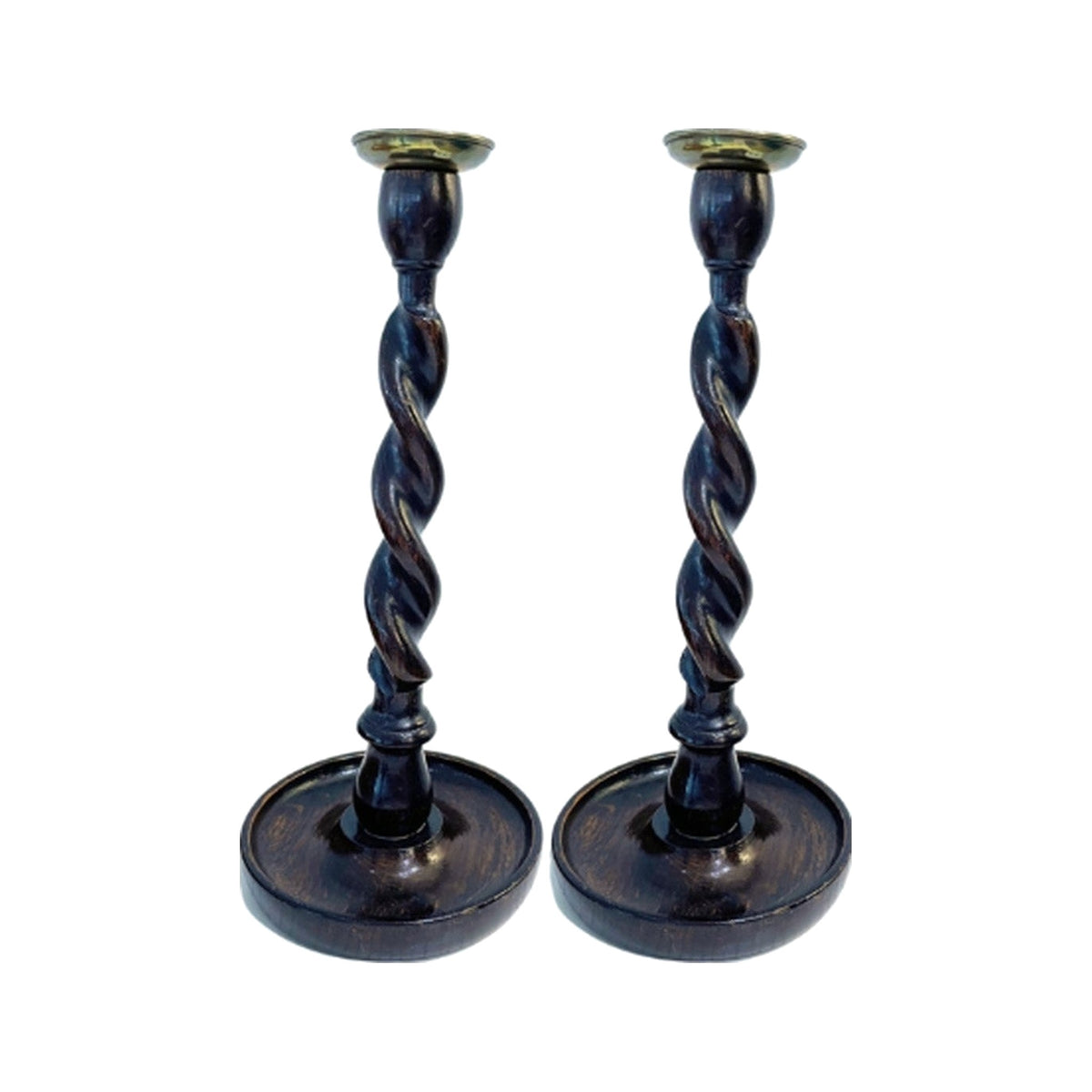 A Pair, Vintage Barley Twist Curved Base Candle Stick Holder on a white background
