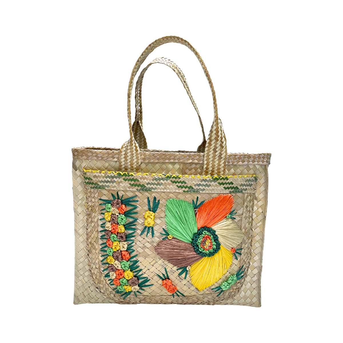 Multi Color Floral Straw Shopper with Pocket Lined Bahama Handprint Fabric on a white background