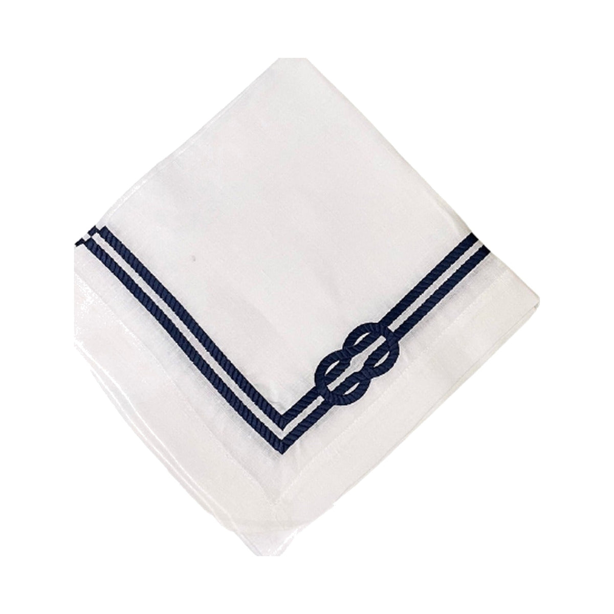 White Linen with Hand Embroidered Navy Rope Dinner Napkins, Set of 4, shown on a white background