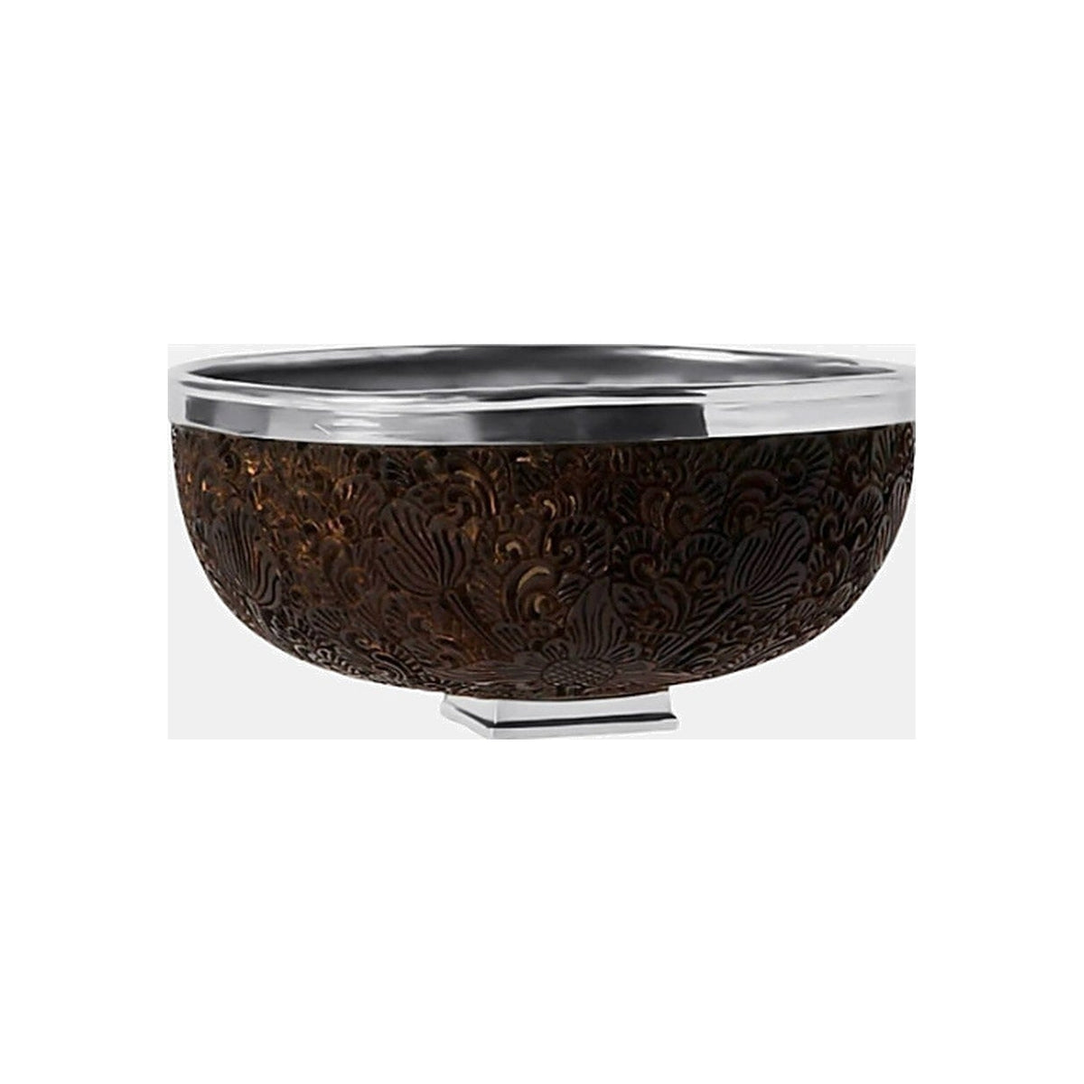 Carved Coconut Shell with Sterling Silver Trim and Sterling Base on a white background