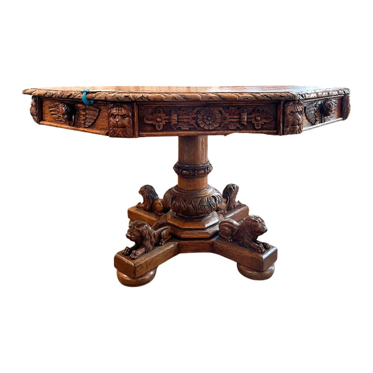 19th Century Carved Oak Table on a white background