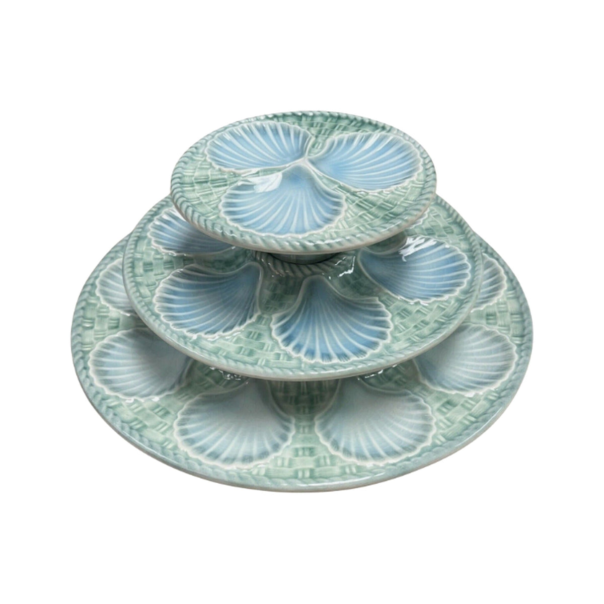 Vintage Au Bain Shell Majolica 3 Tiered Oyster Platter, shown on a white background