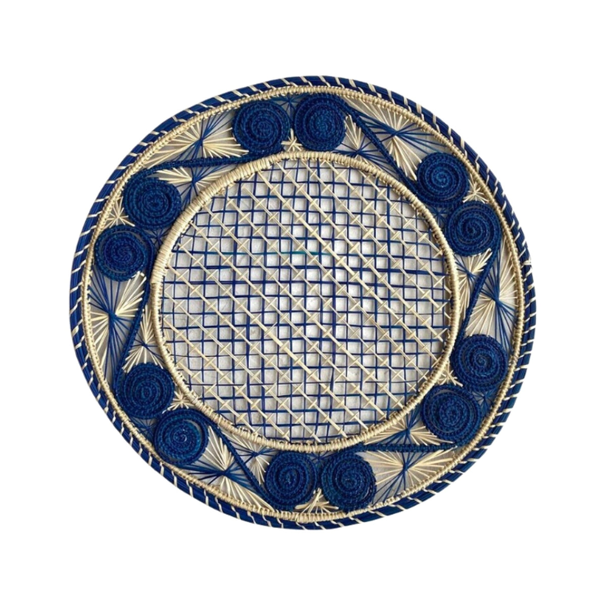 Handwoven Blue Caracol Iraca and Straw Placemat, shown on a white background